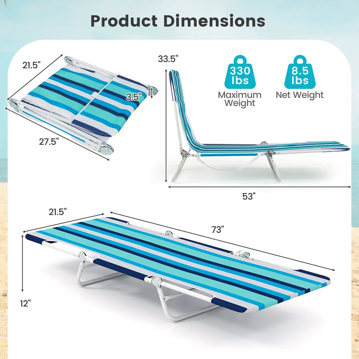 2 Pieces 5-position Lay Flat Beach Recliner with Carry Strap and Metal Frame, photo 14 of 24