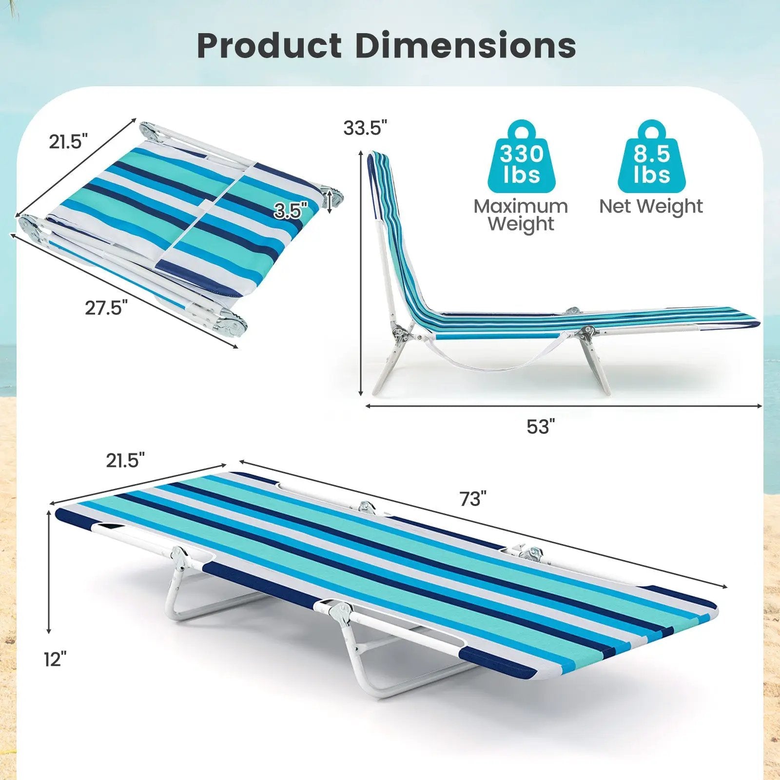 2 Pieces 5-position Lay Flat Beach Recliner with Carry Strap and Metal Frame by DirectDeals