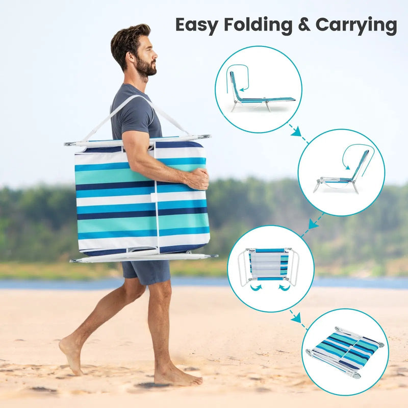 2 Pieces 5-position Lay Flat Beach Recliner with Carry Strap and Metal Frame by DirectDeals