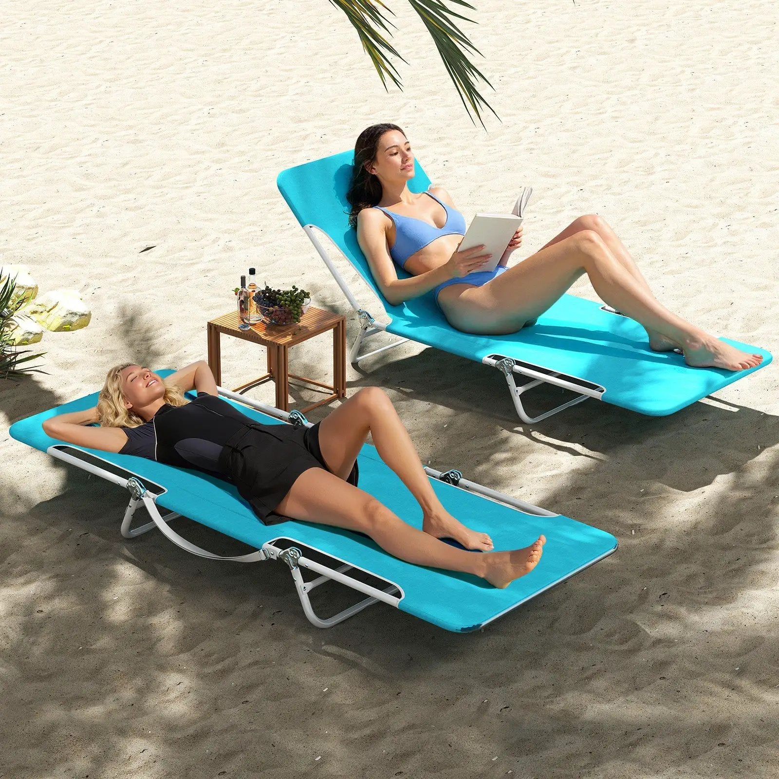 2 Pieces 5-position Lay Flat Beach Recliner with Carry Strap and Metal Frame by DirectDeals