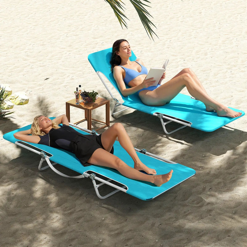 2 Pieces 5-position Lay Flat Beach Recliner with Carry Strap and Metal Frame by DirectDeals