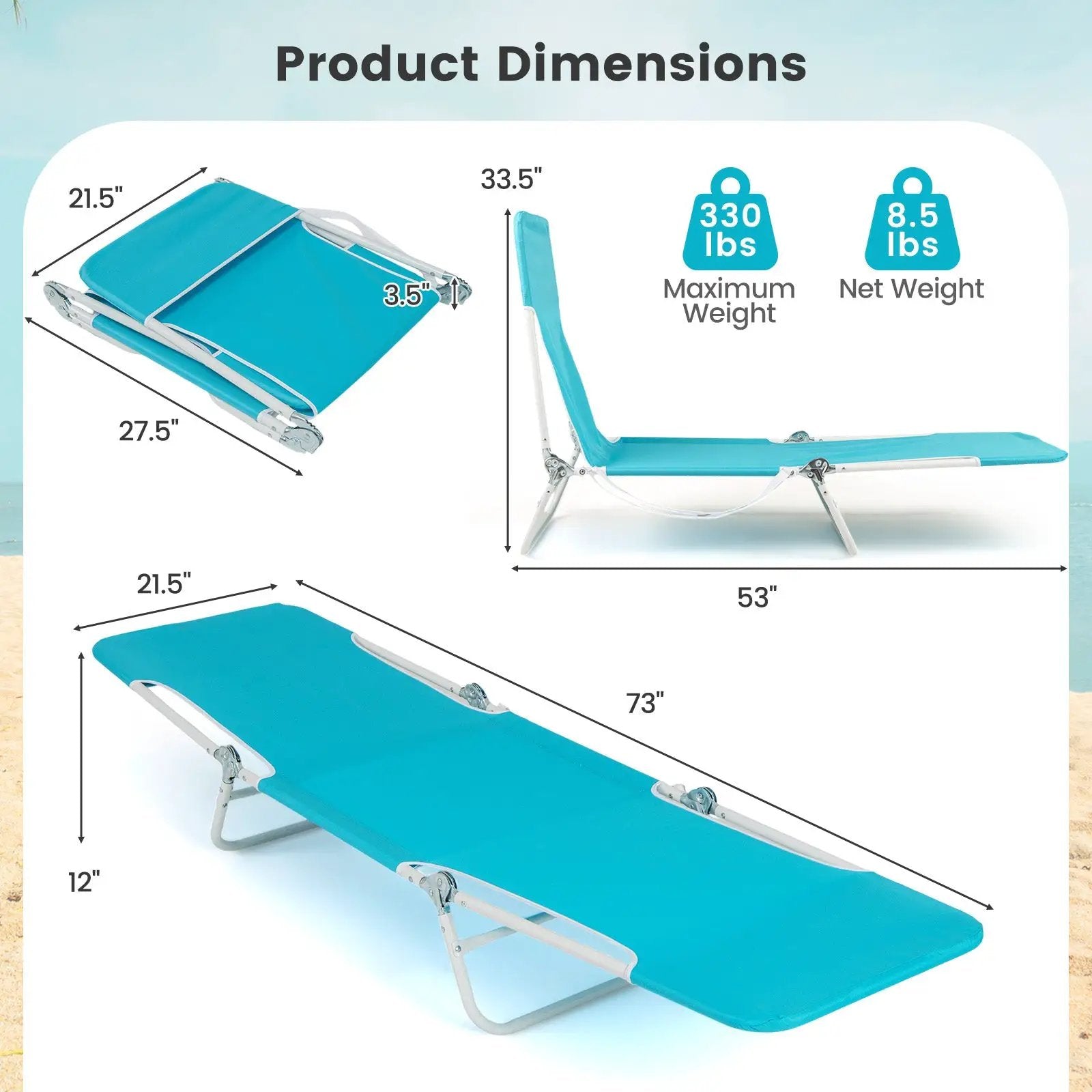 2 Pieces 5-position Lay Flat Beach Recliner with Carry Strap and Metal Frame by DirectDeals