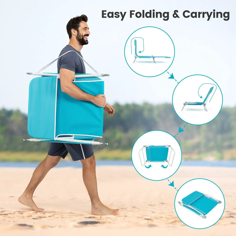 2 Pieces 5-position Lay Flat Beach Recliner with Carry Strap and Metal Frame by DirectDeals