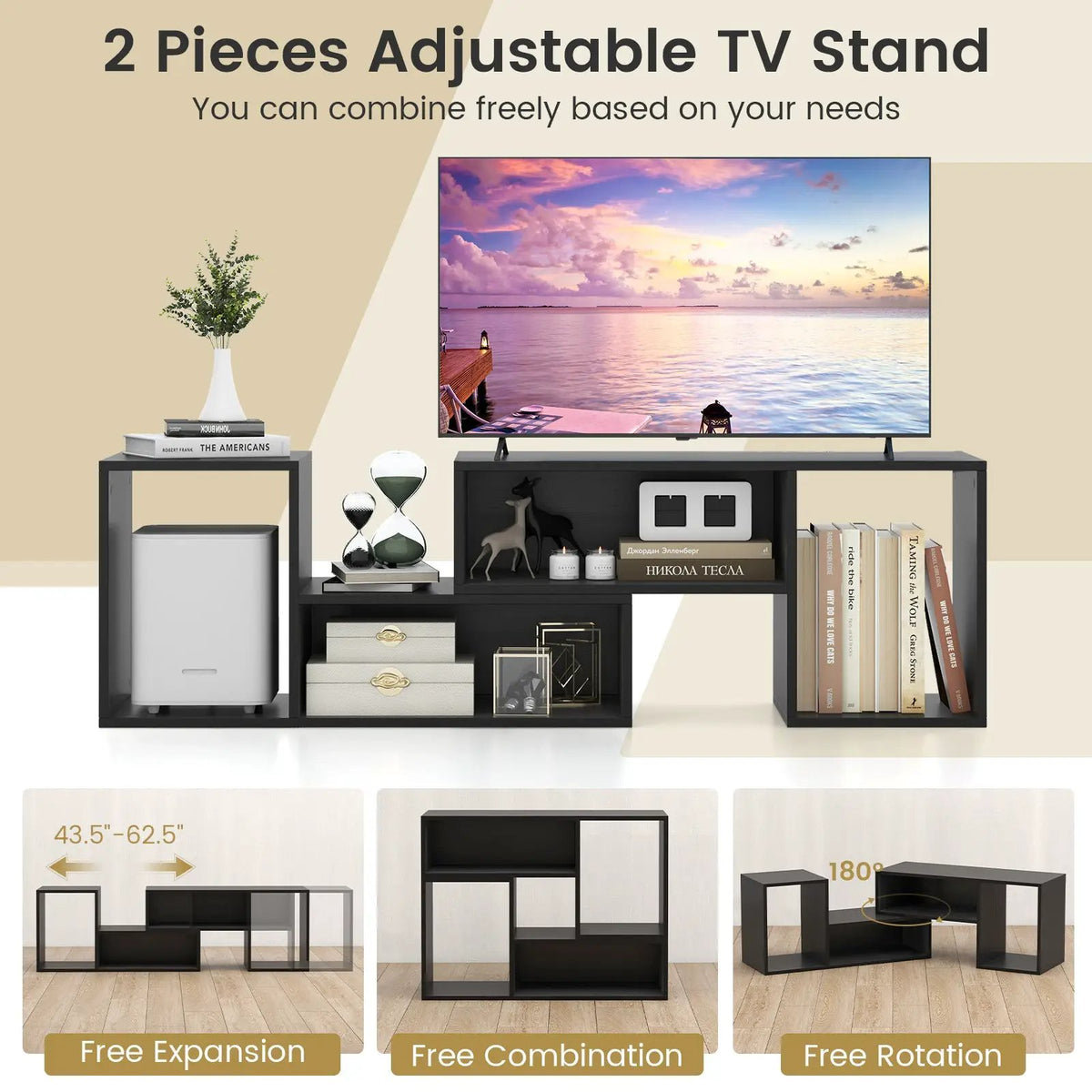2 Pieces Adjustable TV Stand for TVs up to 55 Inch with Storage Cubes, photo 6 of 9