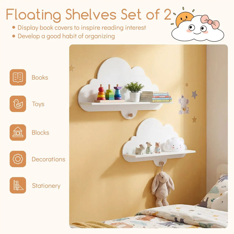 2 Pieces Floating Cloud Shelves Wall Mounted Storage Display Rack-White by DirectDeals