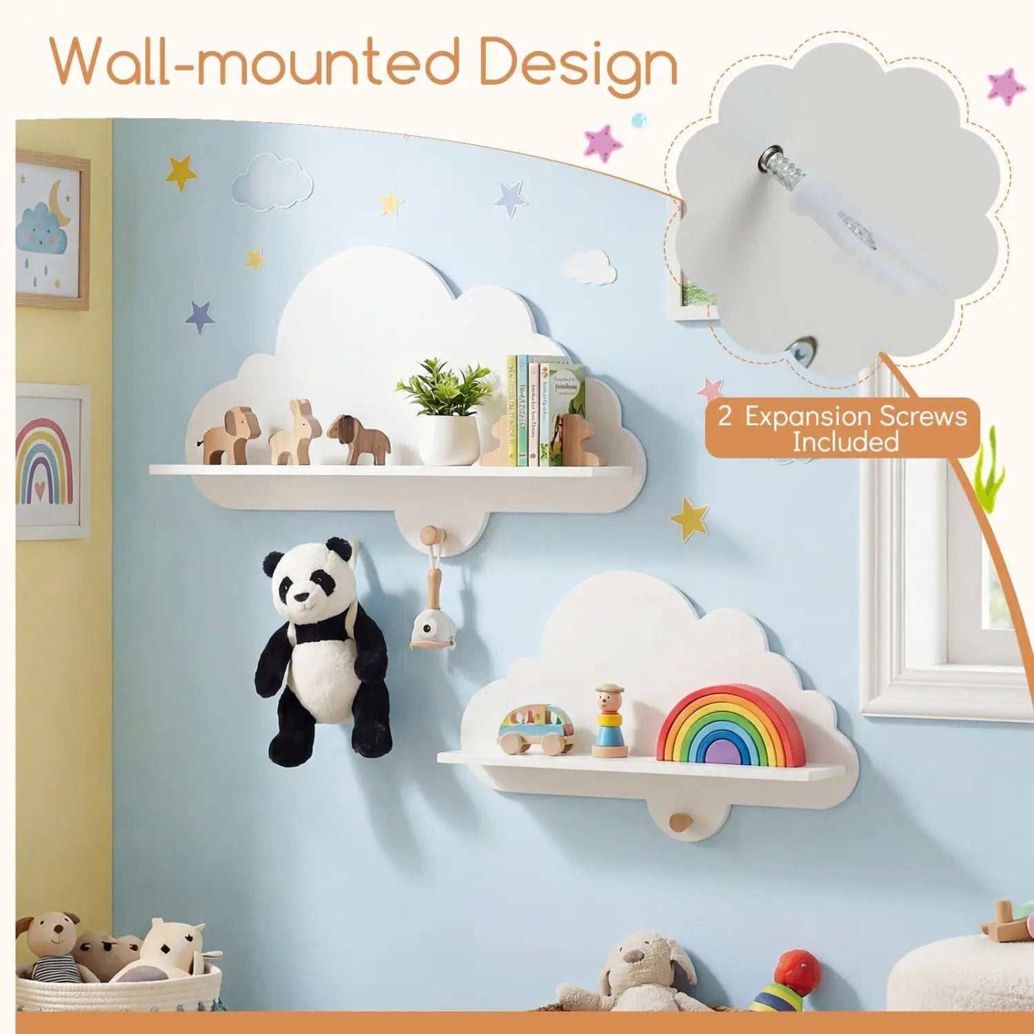 2 Pieces Floating Cloud Shelves Wall Mounted Storage Display Rack-White by DirectDeals