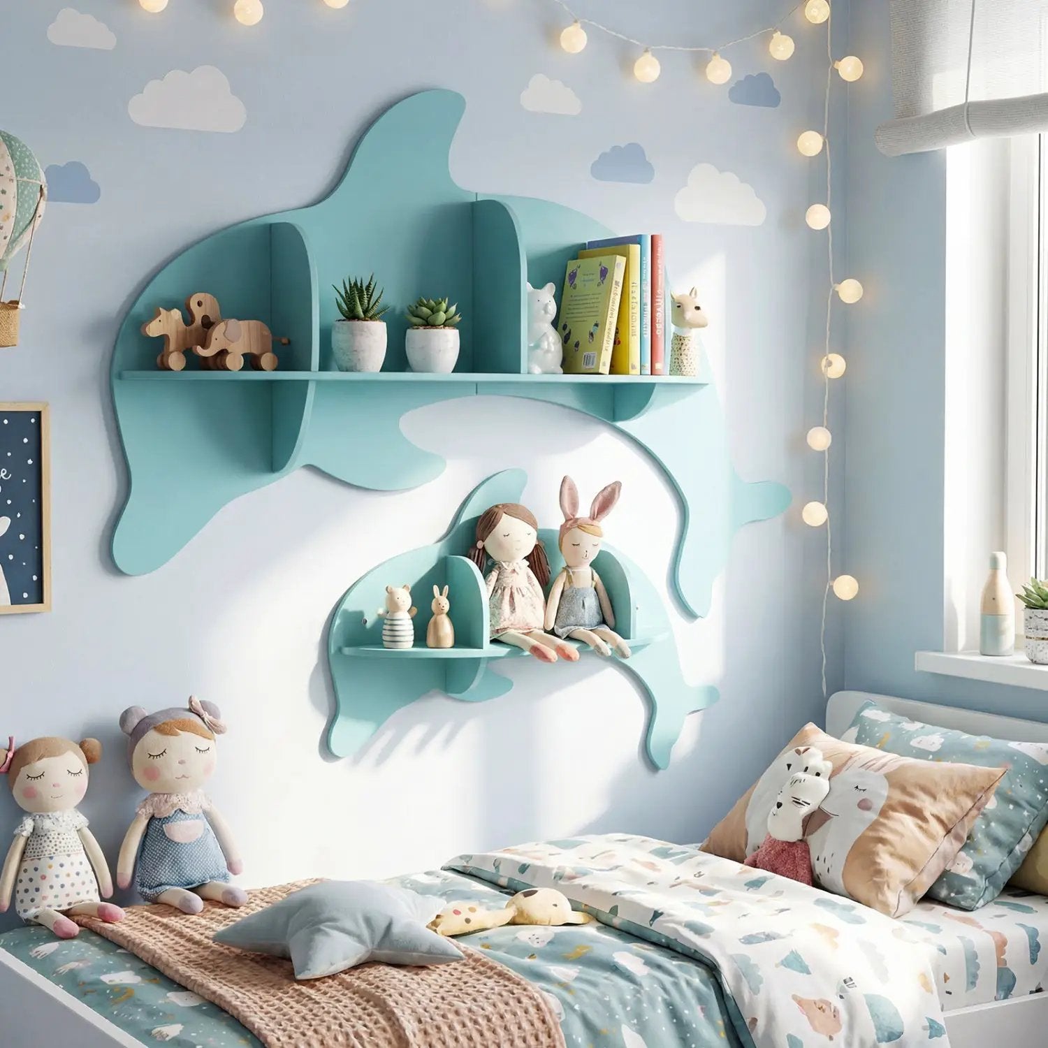 2 Pieces Floating Dolphin Shelves Wall Mounted Storage Display Rack by DirectDeals