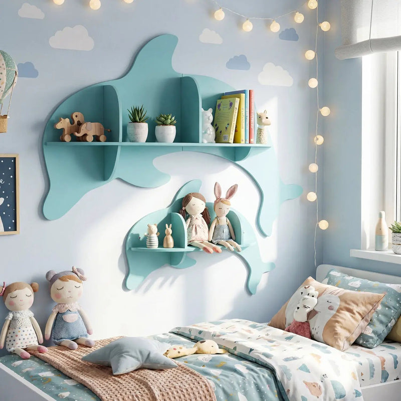 2 Pieces Floating Dolphin Shelves Wall Mounted Storage Display Rack by DirectDeals