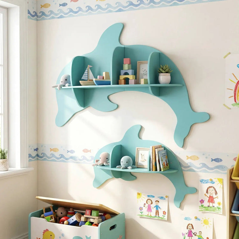 2 Pieces Floating Dolphin Shelves Wall Mounted Storage Display Rack by DirectDeals
