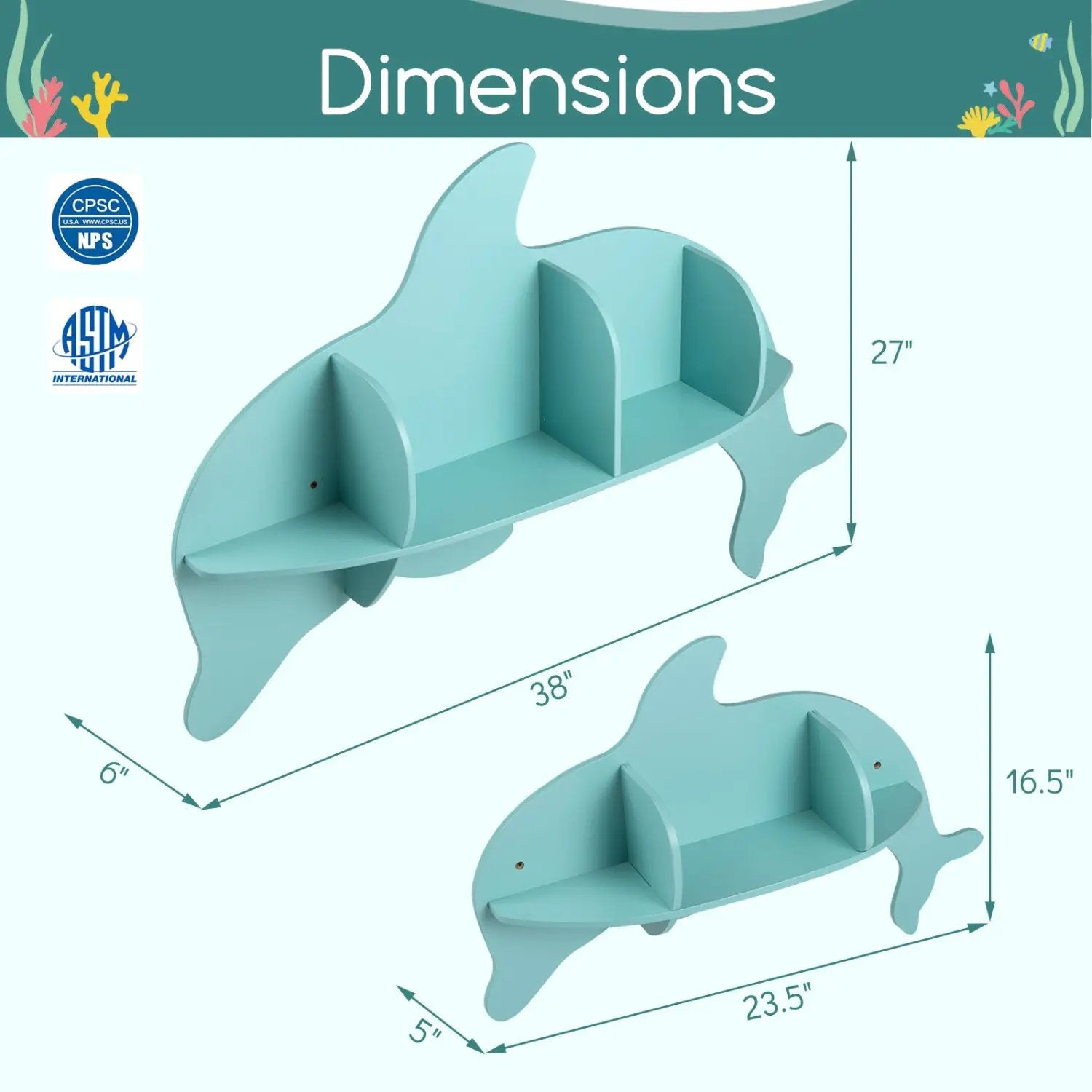 2 Pieces Floating Dolphin Shelves Wall Mounted Storage Display Rack by DirectDeals