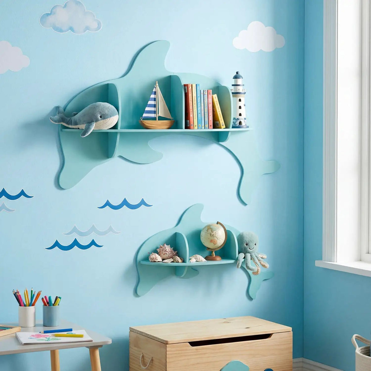 2 Pieces Floating Dolphin Shelves Wall Mounted Storage Display Rack, photo 6 of 9
