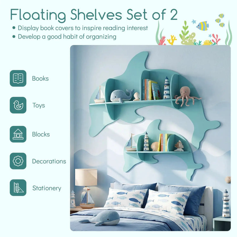 2 Pieces Floating Dolphin Shelves Wall Mounted Storage Display Rack by DirectDeals