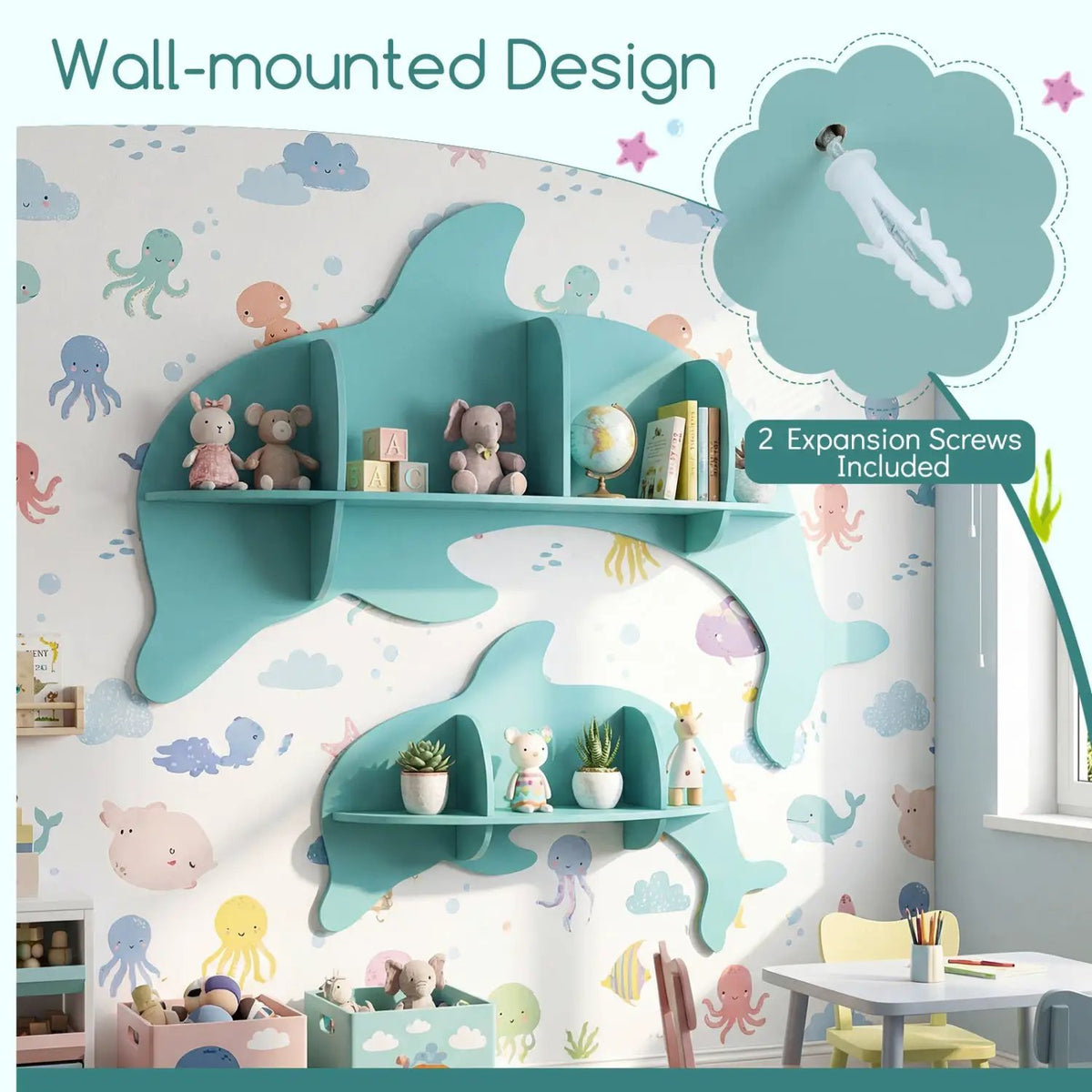 2 Pieces Floating Dolphin Shelves Wall Mounted Storage Display Rack, photo 8 of 9