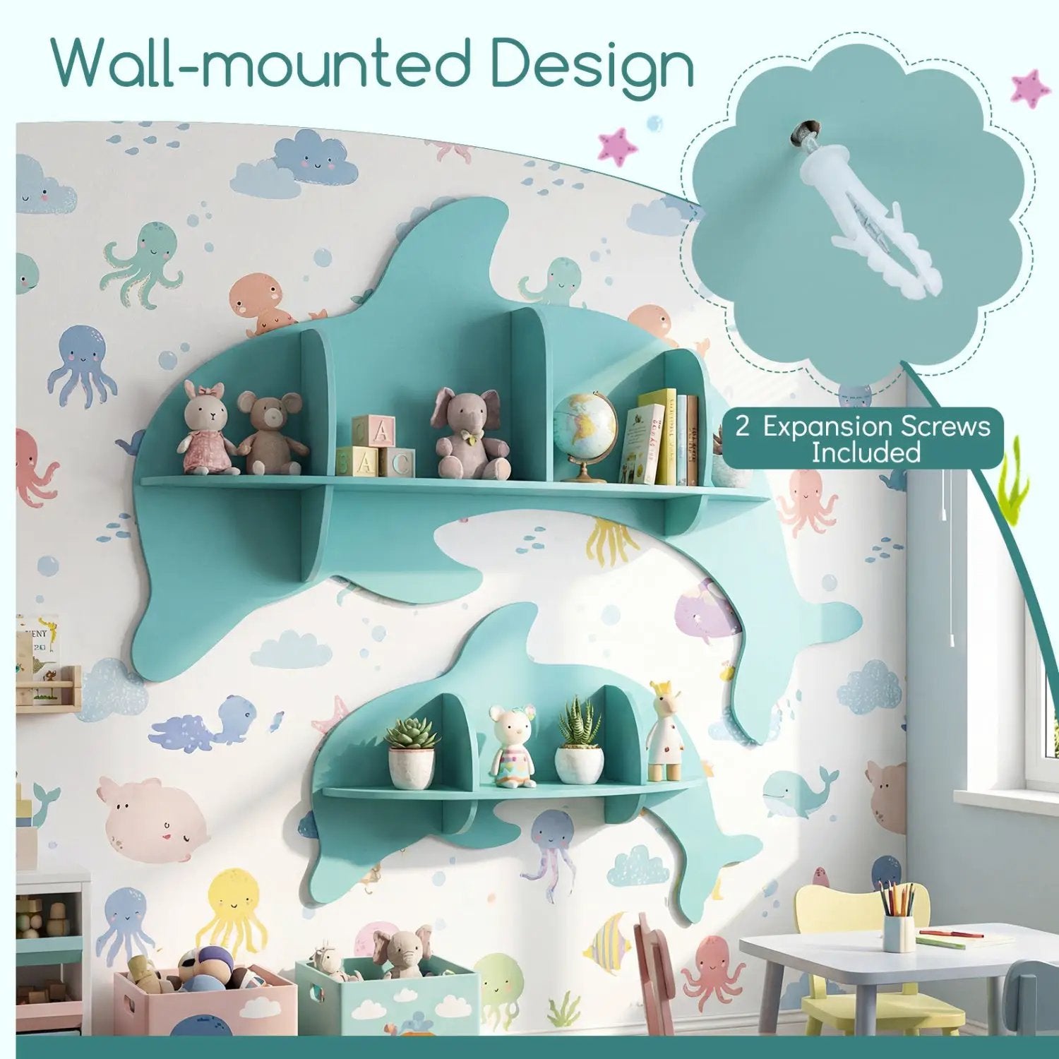 2 Pieces Floating Dolphin Shelves Wall Mounted Storage Display Rack by DirectDeals