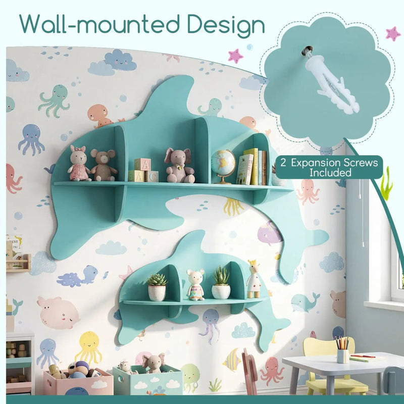 2 Pieces Floating Dolphin Shelves Wall Mounted Storage Display Rack by DirectDeals