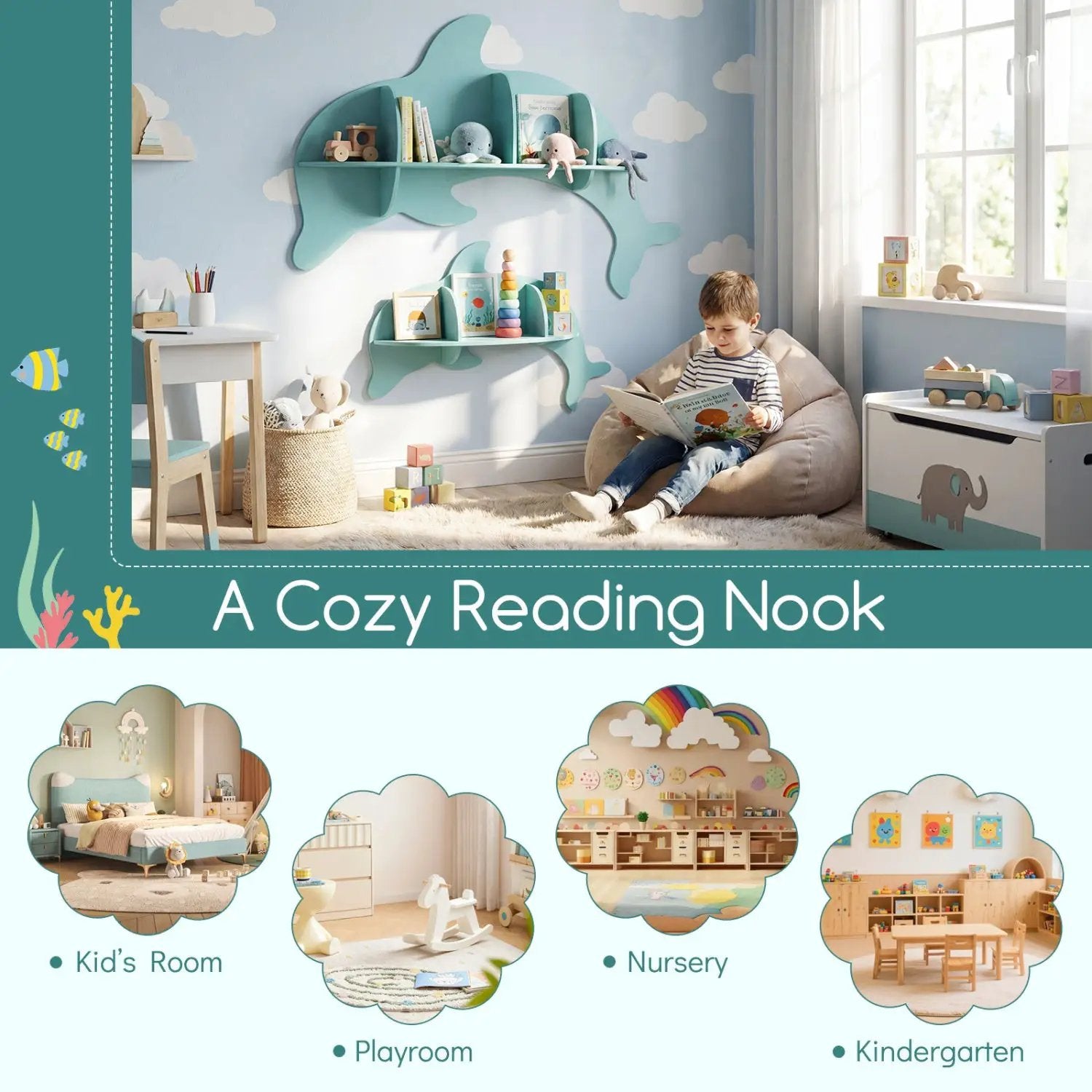 2 Pieces Floating Dolphin Shelves Wall Mounted Storage Display Rack by DirectDeals