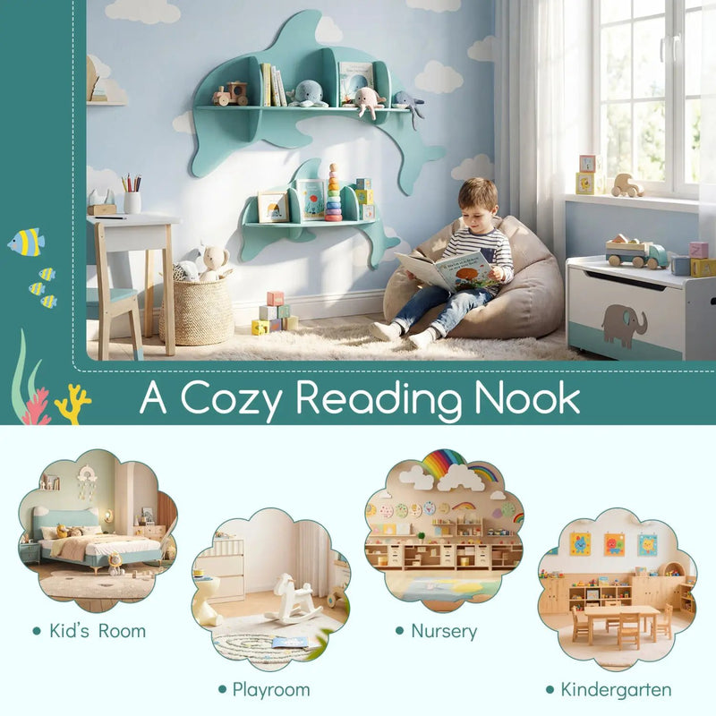 2 Pieces Floating Dolphin Shelves Wall Mounted Storage Display Rack by DirectDeals