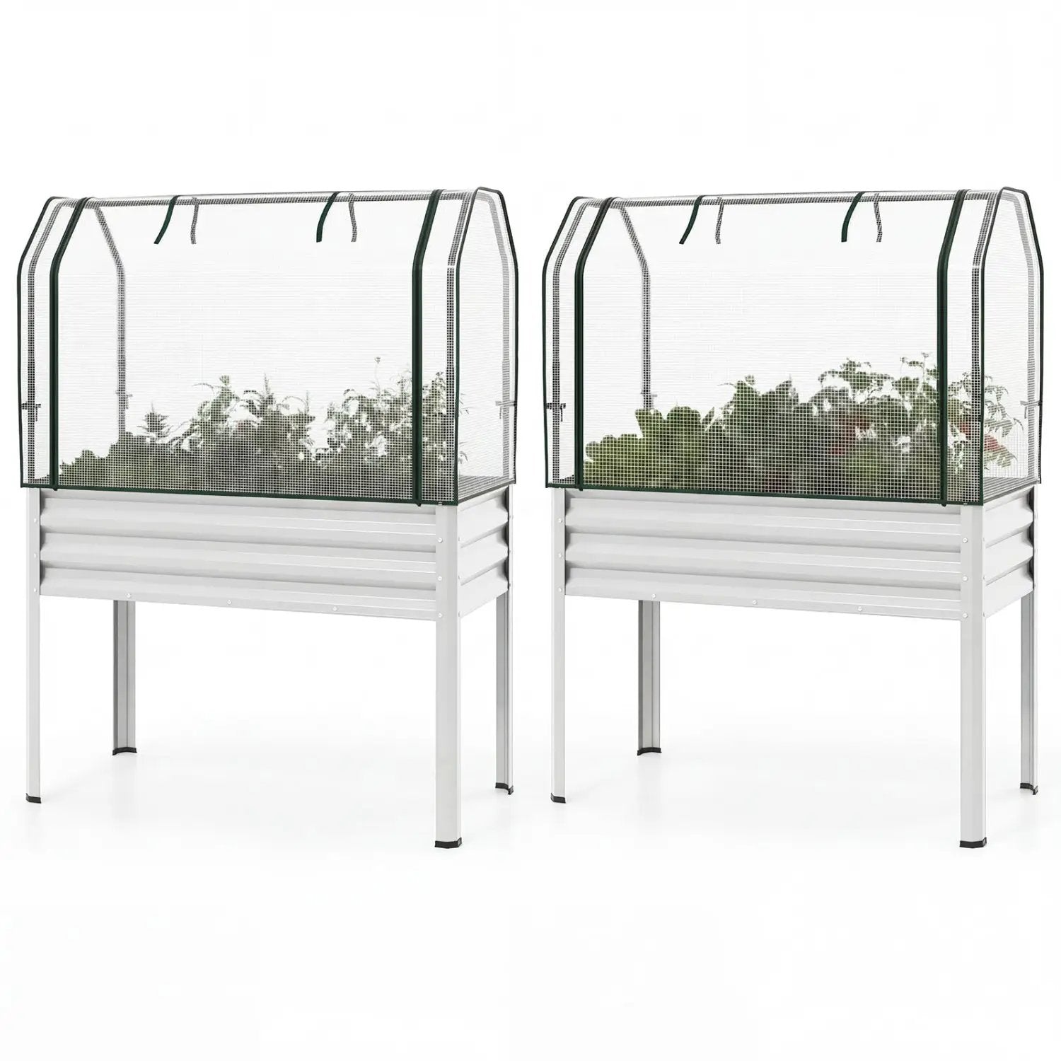2 Pieces Galvanized Raised Garden Bed with Legs and Greenhouse Cover for Vegetable Flower by DirectDeals