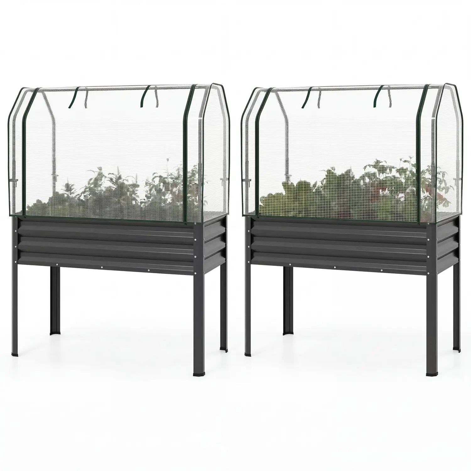2 Pieces Galvanized Raised Garden Bed with Legs and Greenhouse Cover for Vegetable Flower by DirectDeals