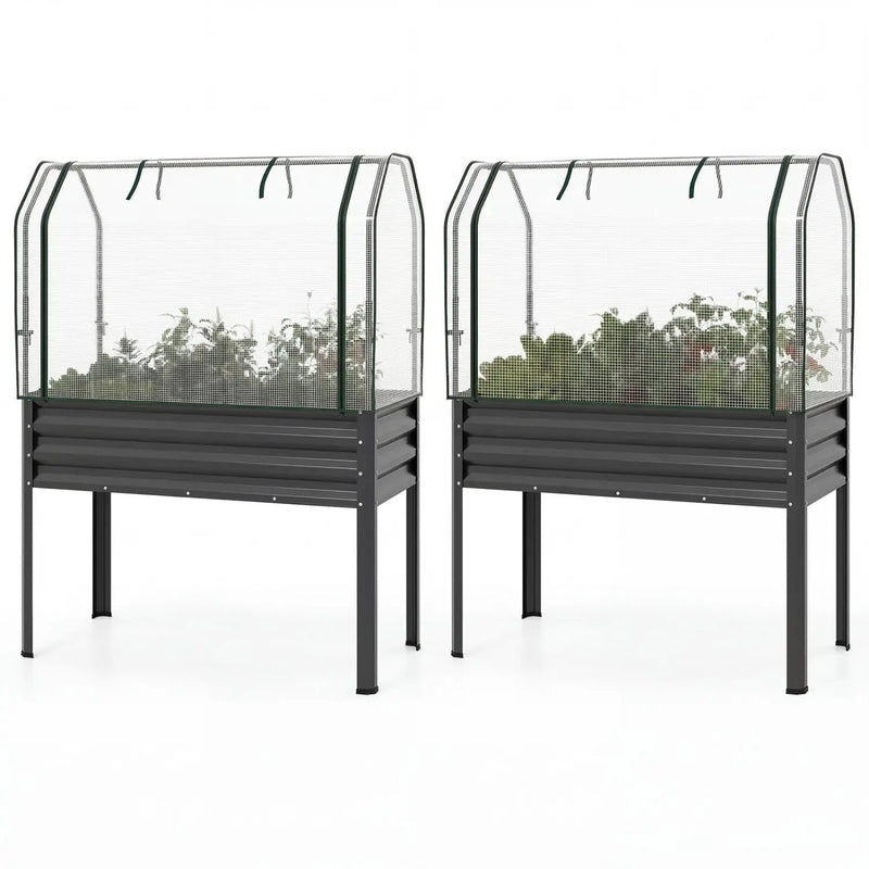 2 Pieces Galvanized Raised Garden Bed with Legs and Greenhouse Cover for Vegetable Flower by DirectDeals