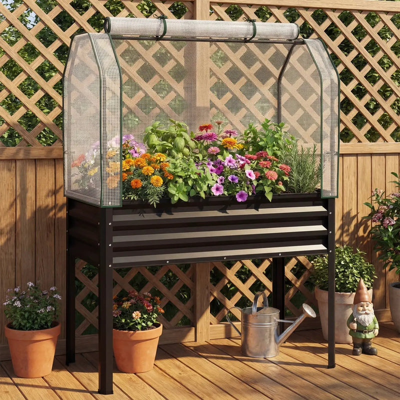 2 Pieces Galvanized Raised Garden Bed with Legs and Greenhouse Cover for Vegetable Flower by DirectDeals