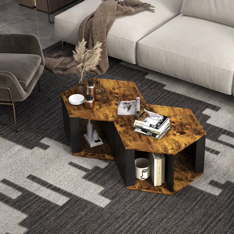 2 Pieces Hexagonal Side End Table for Living Office Coffee Room-Coffee by DirectDeals