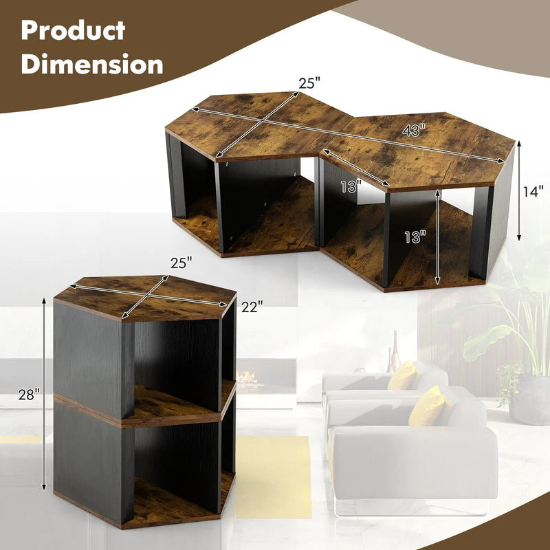 2 Pieces Hexagonal Side End Table for Living Office Coffee Room-Coffee by DirectDeals