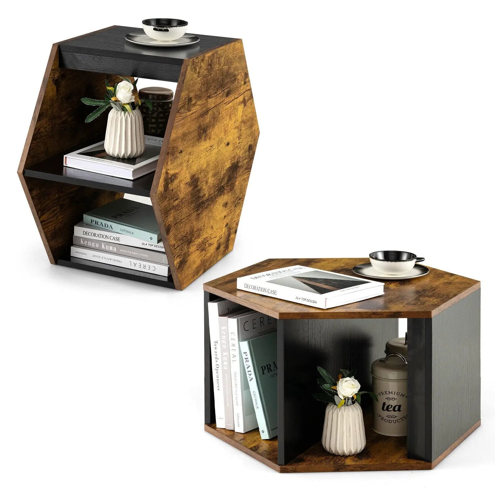 2 Pieces Hexagonal Side End Table for Living Office Coffee Room-Coffee by DirectDeals