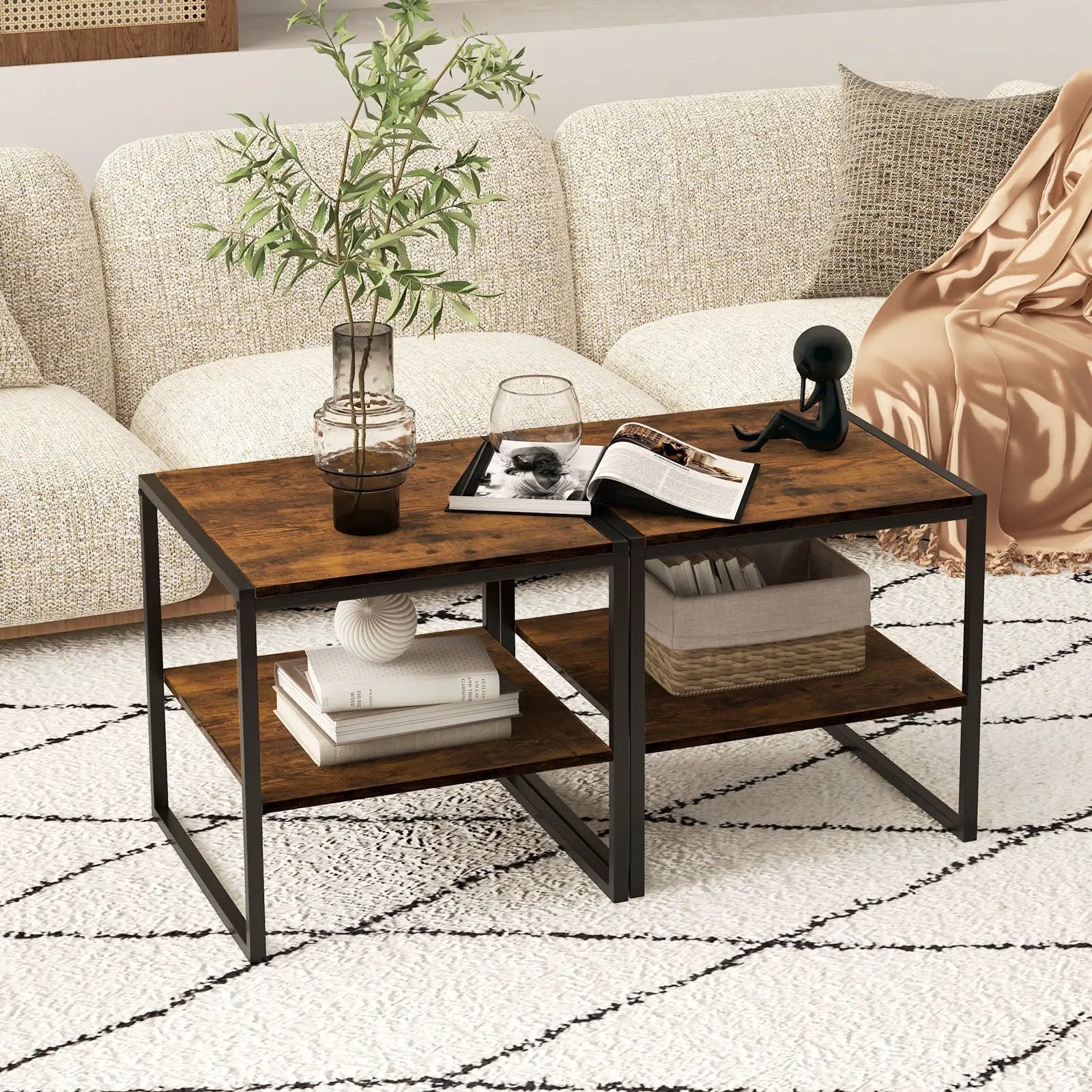 2 Pieces Industrial 2-Tier Side Table Set with Open Shelf-Rustic Brown by DirectDeals