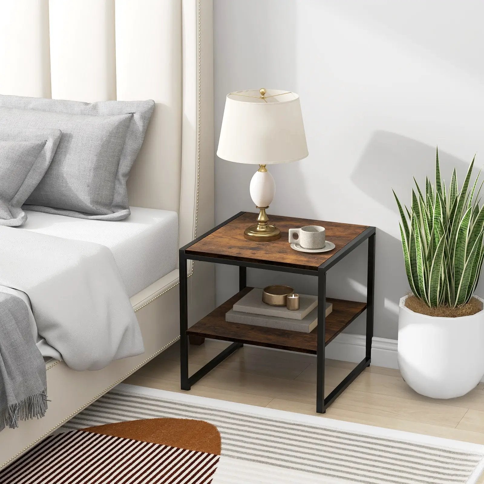 2 Pieces Industrial 2-Tier Side Table Set with Open Shelf-Rustic Brown by DirectDeals
