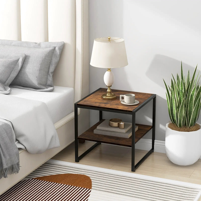 2 Pieces Industrial 2-Tier Side Table Set with Open Shelf-Rustic Brown by DirectDeals