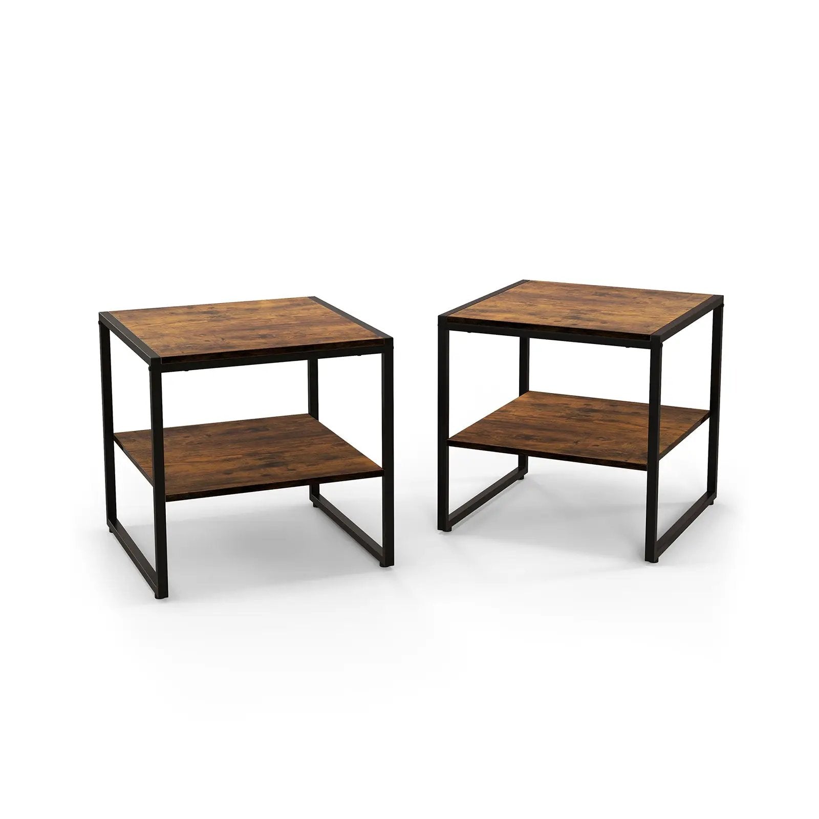 2 Pieces Industrial 2-Tier Side Table Set with Open Shelf-Rustic Brown by DirectDeals