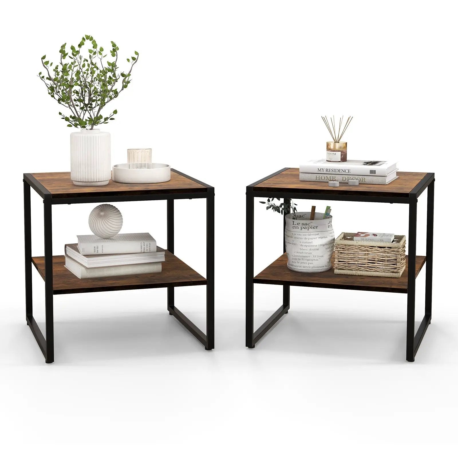 2 Pieces Industrial 2-Tier Side Table Set with Open Shelf-Rustic Brown by DirectDeals