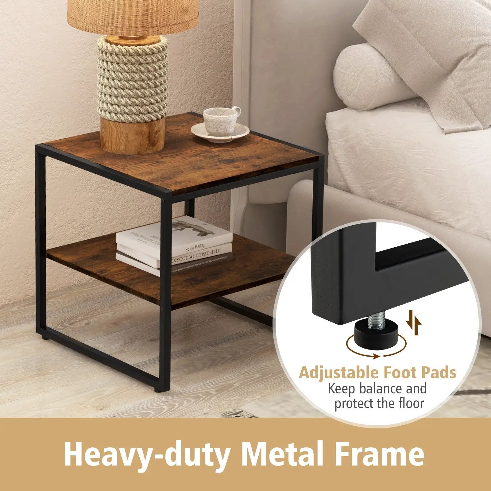 2 Pieces Industrial 2-Tier Side Table Set with Open Shelf-Rustic Brown by DirectDeals