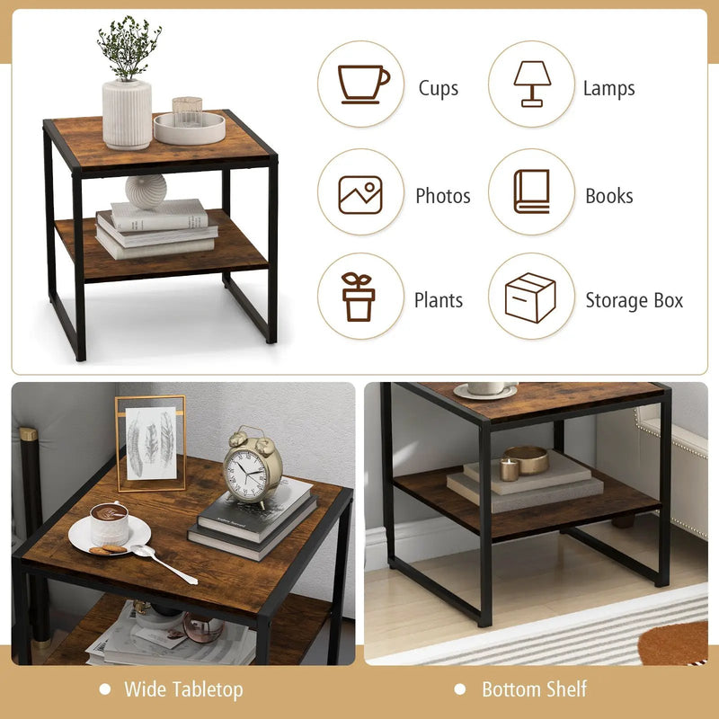 2 Pieces Industrial 2-Tier Side Table Set with Open Shelf-Rustic Brown by DirectDeals