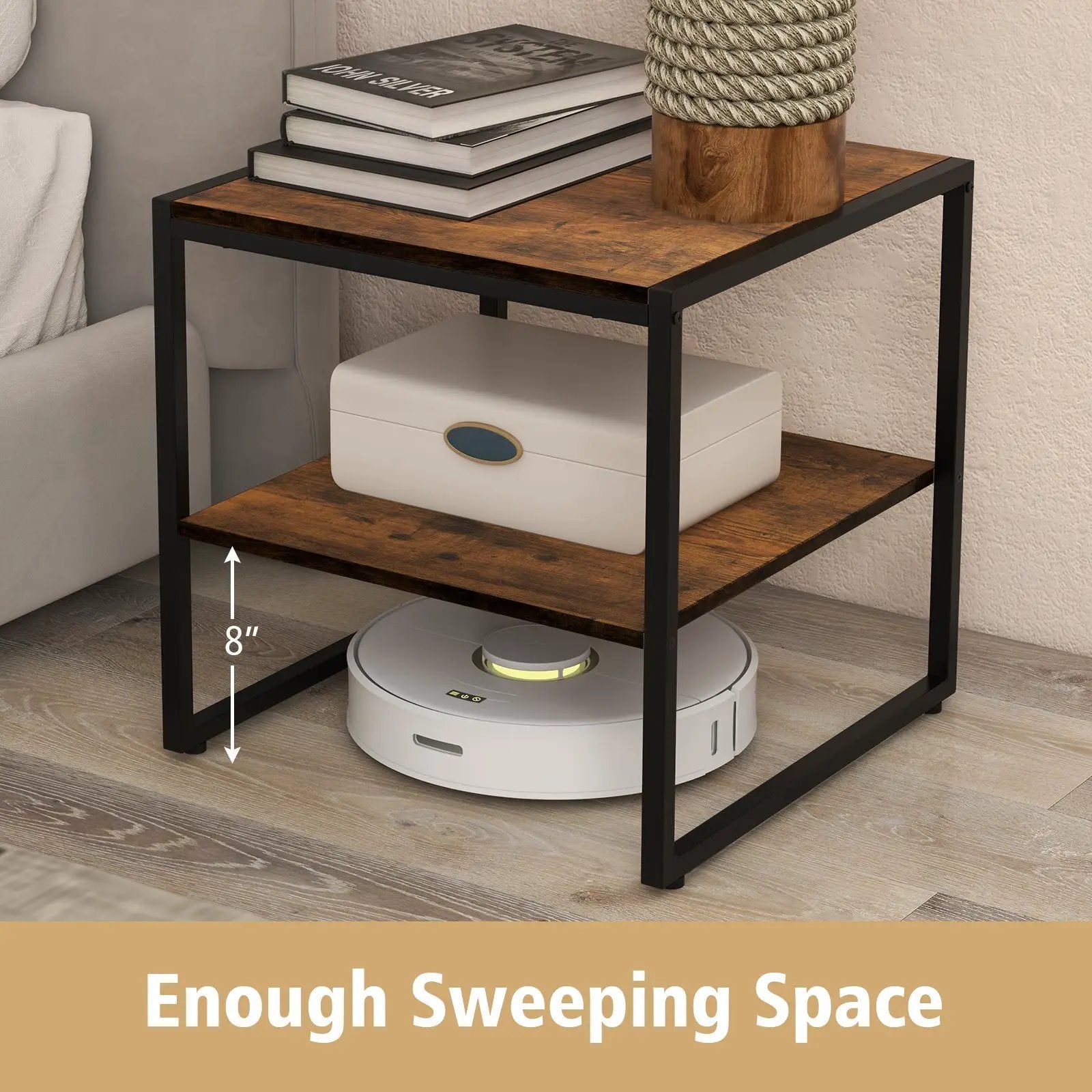 2 Pieces Industrial 2-Tier Side Table Set with Open Shelf-Rustic Brown by DirectDeals