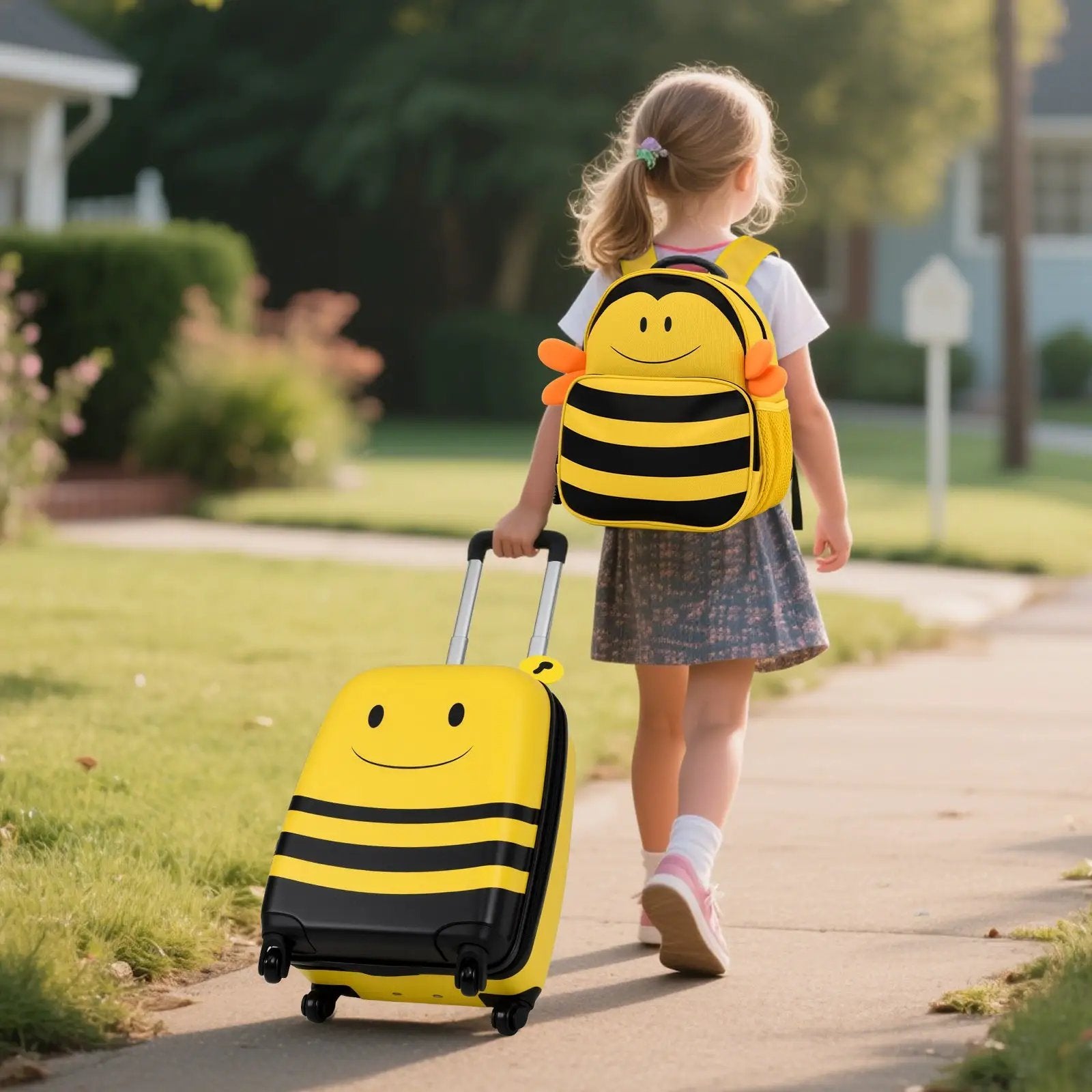 2 Pieces Kids Luggage Set on Wheels with Anti-Lose Rope and Retractable Rod-Yellow by DirectDeals