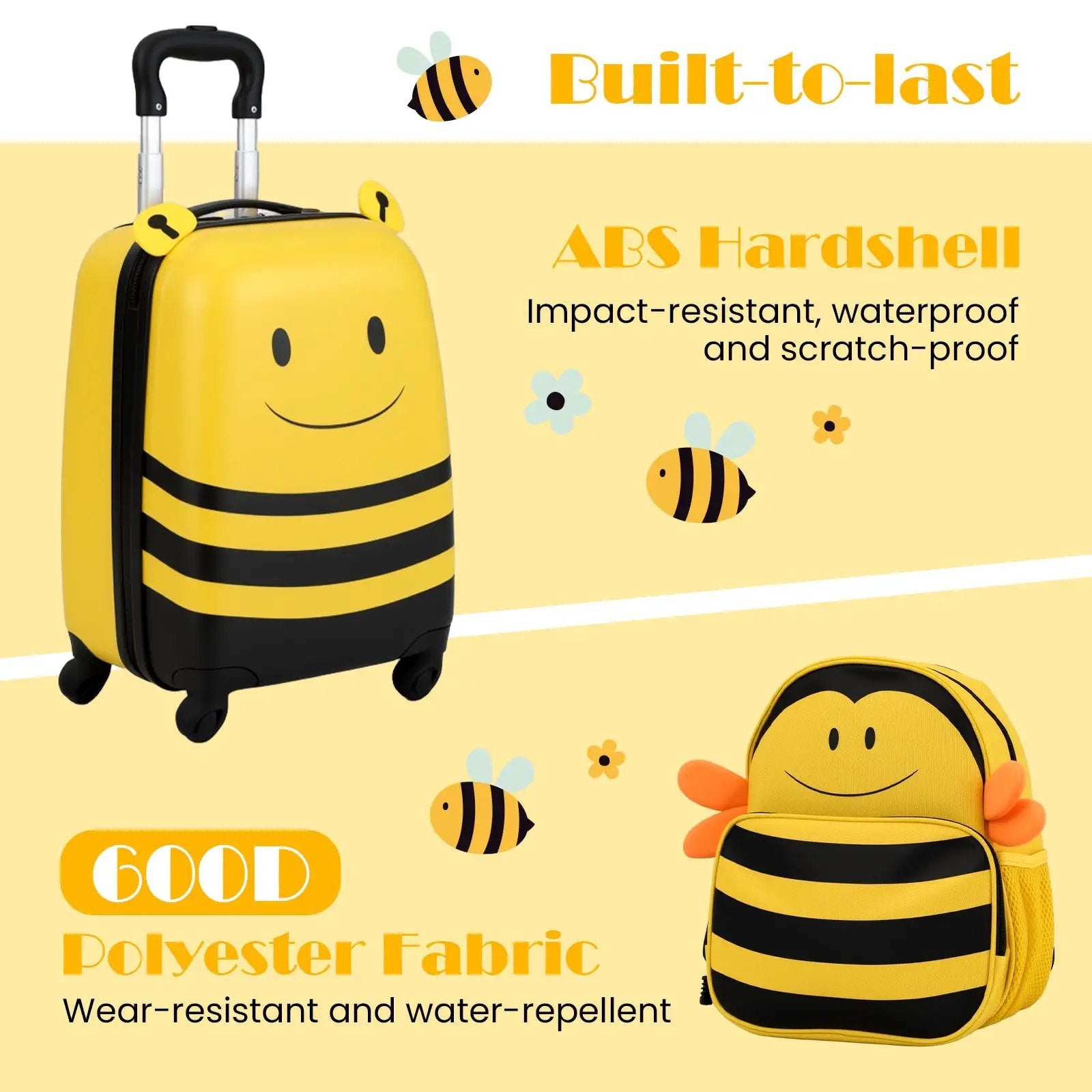 2 Pieces Kids Luggage Set on Wheels with Anti-Lose Rope and Retractable Rod-Yellow by DirectDeals