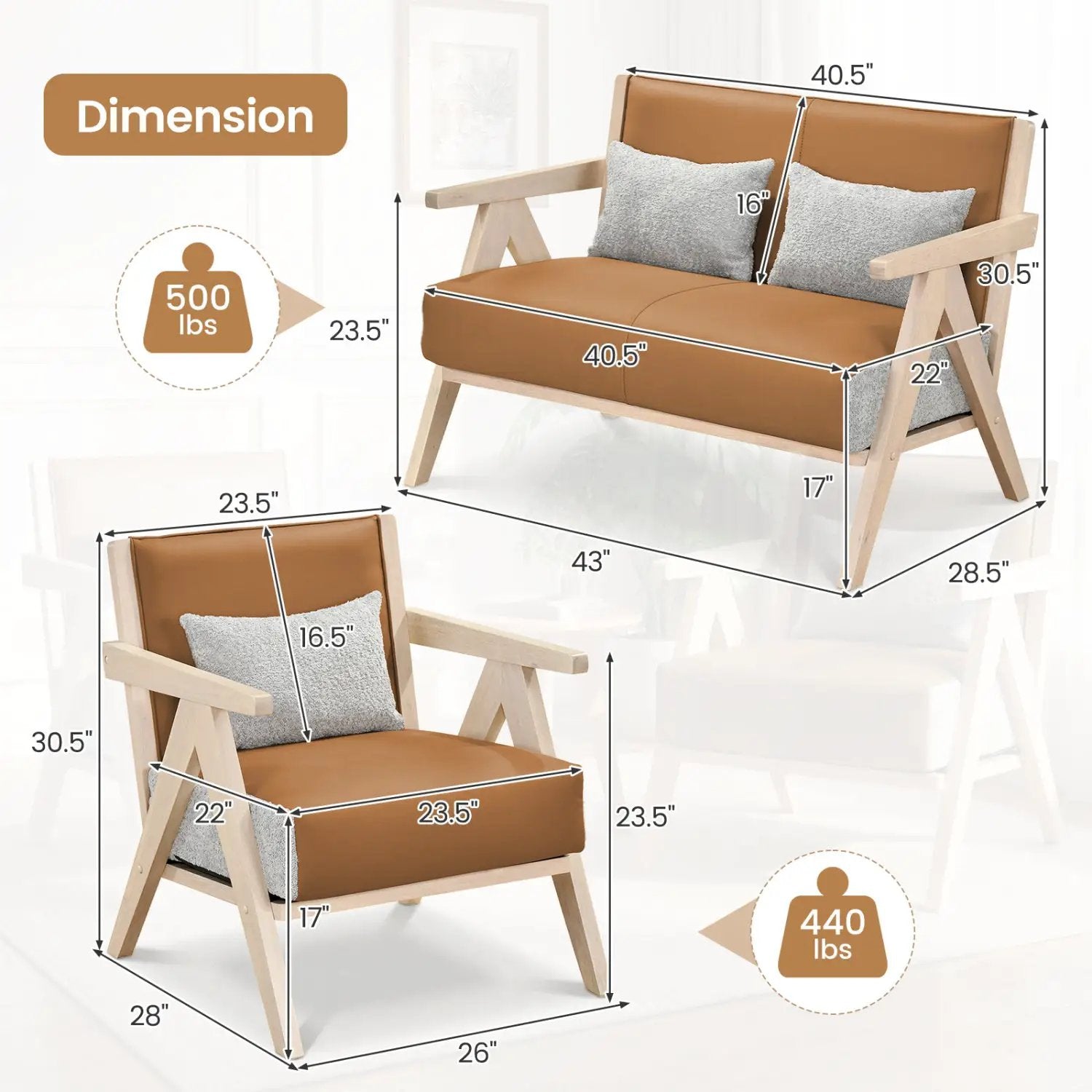 2 Pieces Living Room Furniture Set with Rubber Wood Frame by DirectDeals