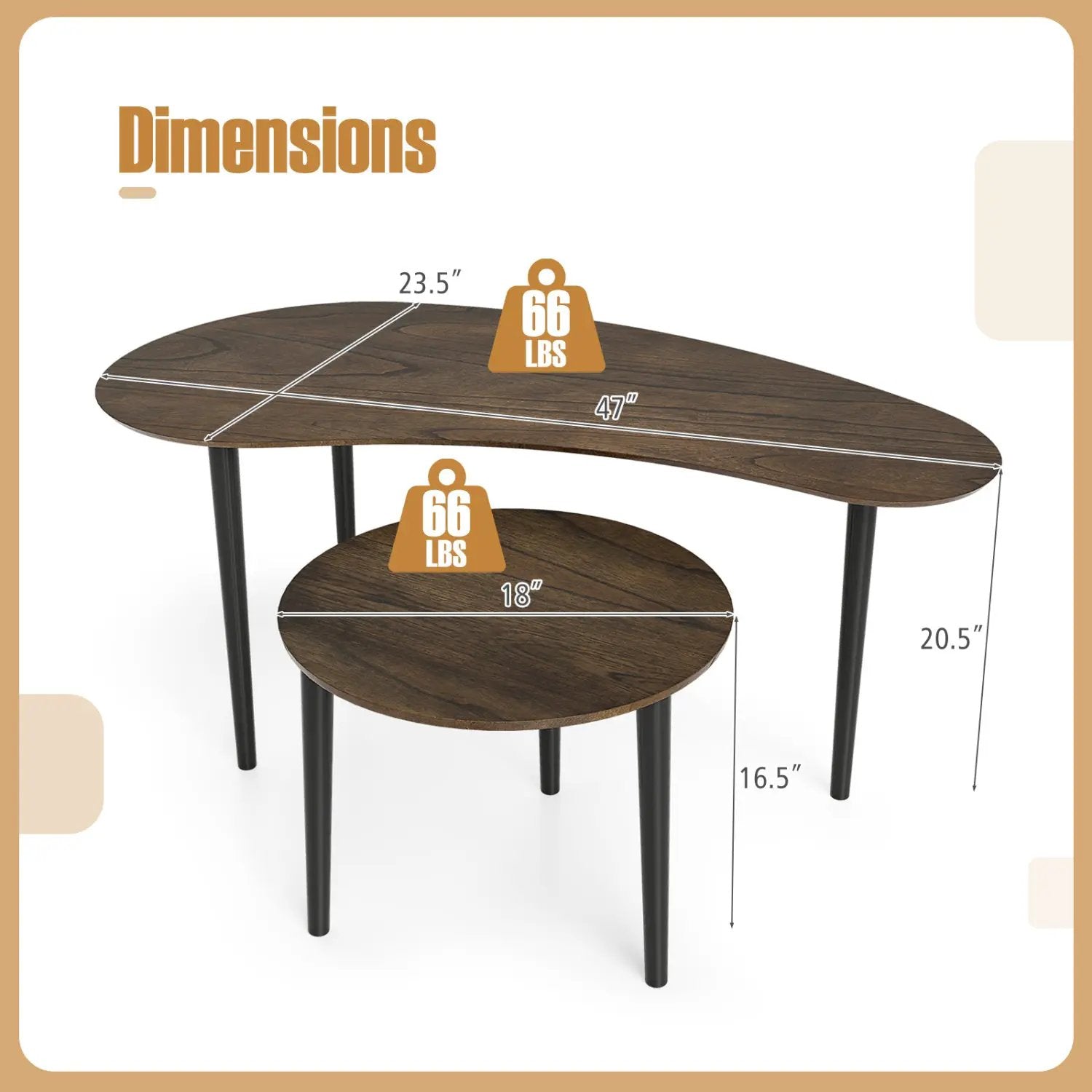 2 Pieces Mid Century Nesting Tables with Rubber Wood Legs-Walnut by DirectDeals