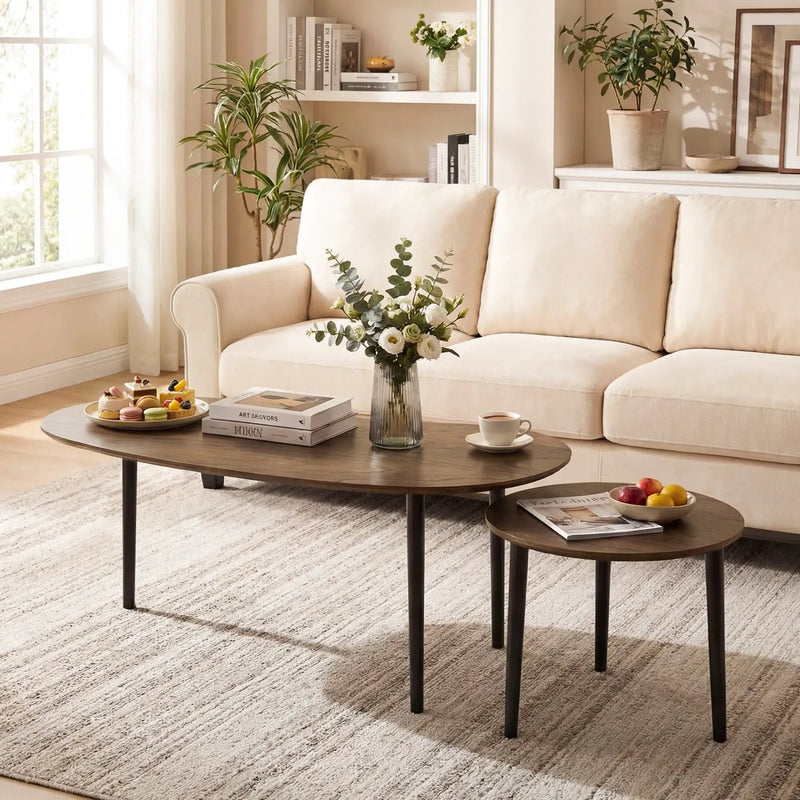 2 Pieces Mid Century Nesting Tables with Rubber Wood Legs-Walnut by DirectDeals