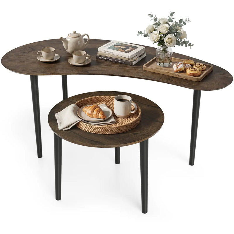 2 Pieces Mid Century Nesting Tables with Rubber Wood Legs-Walnut by DirectDeals