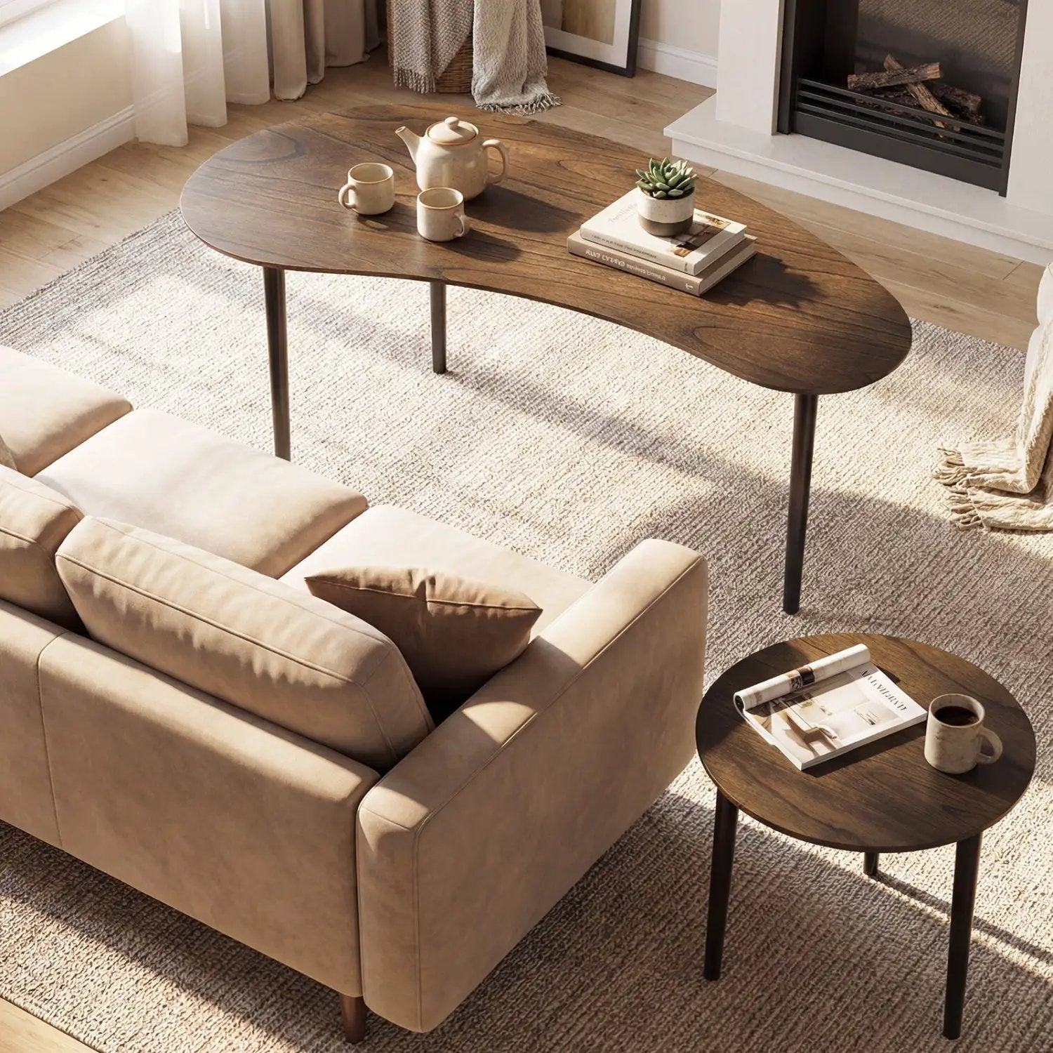 2 Pieces Mid Century Nesting Tables with Rubber Wood Legs-Walnut by DirectDeals