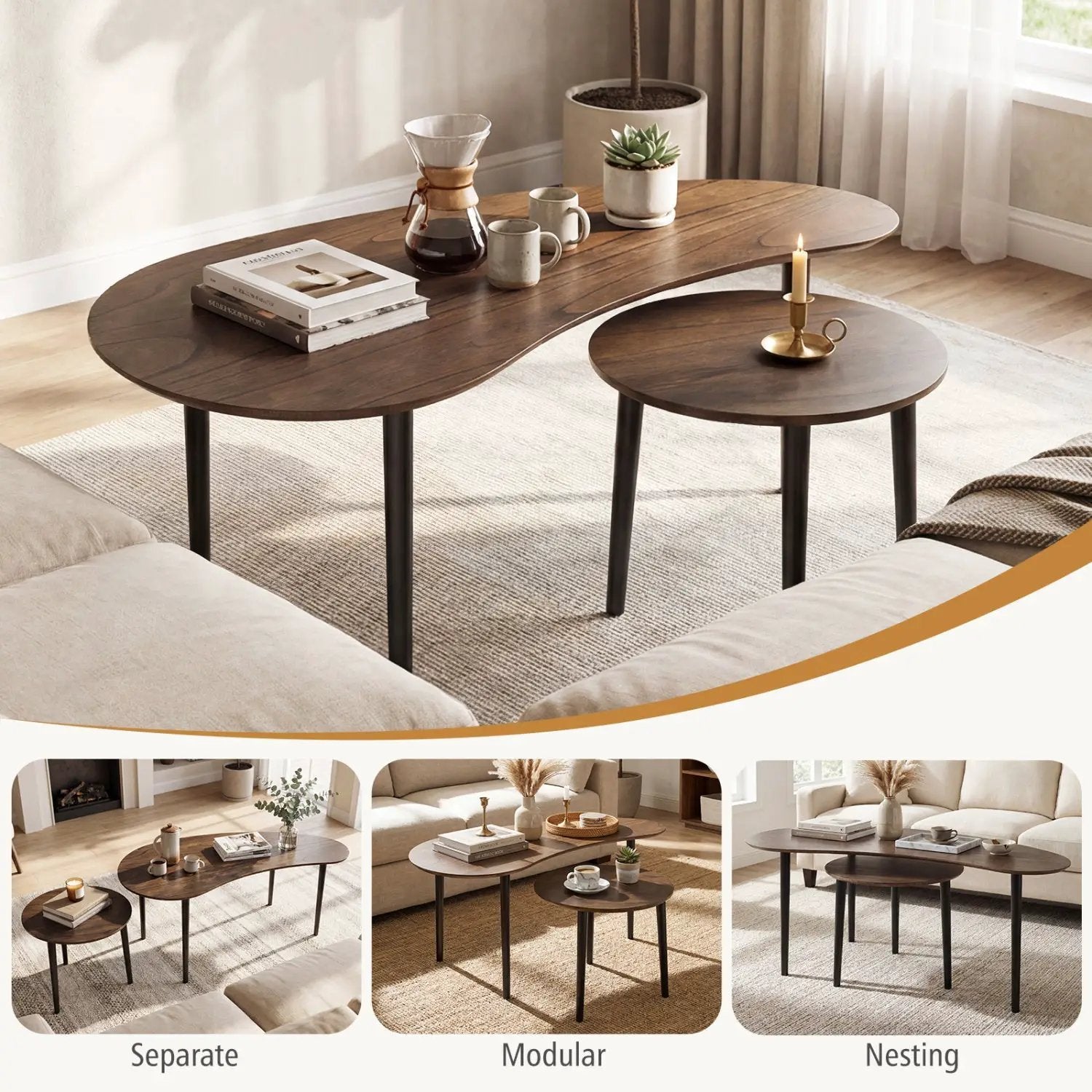 2 Pieces Mid Century Nesting Tables with Rubber Wood Legs-Walnut by DirectDeals