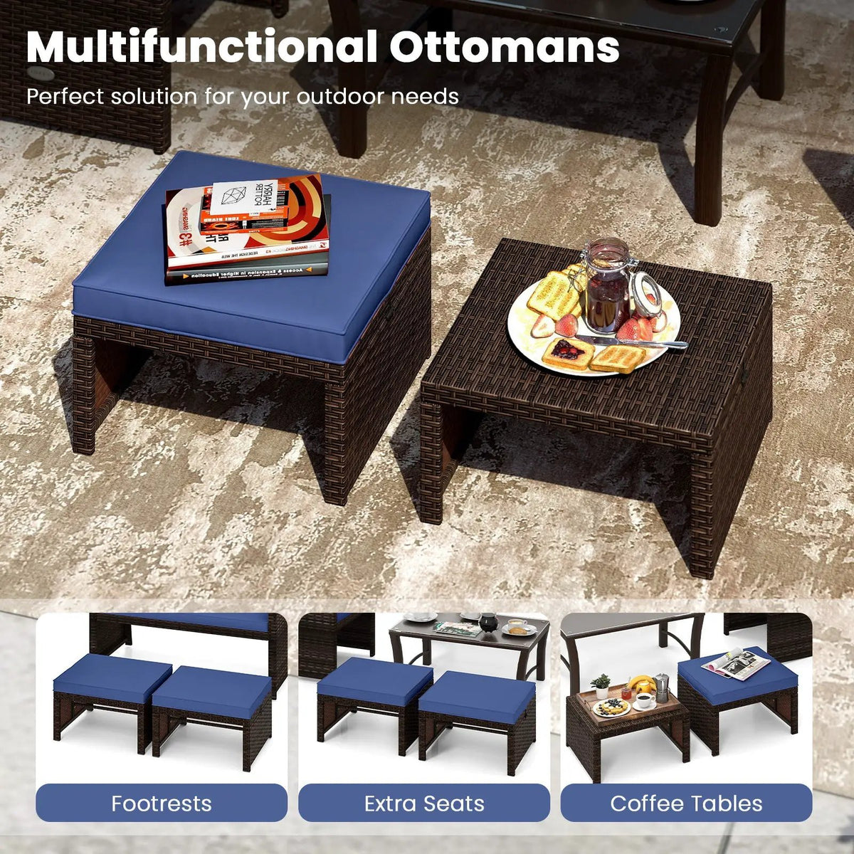 Multipurpose Outdoor 2 Pieces Patio PE Rattan Ottomans Footstool, photo 19 of 32
