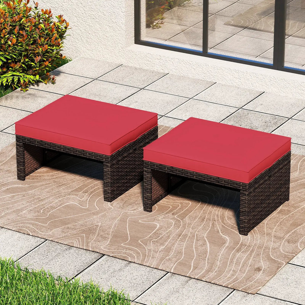 Multipurpose Outdoor 2 Pieces Patio PE Rattan Ottomans Footstool