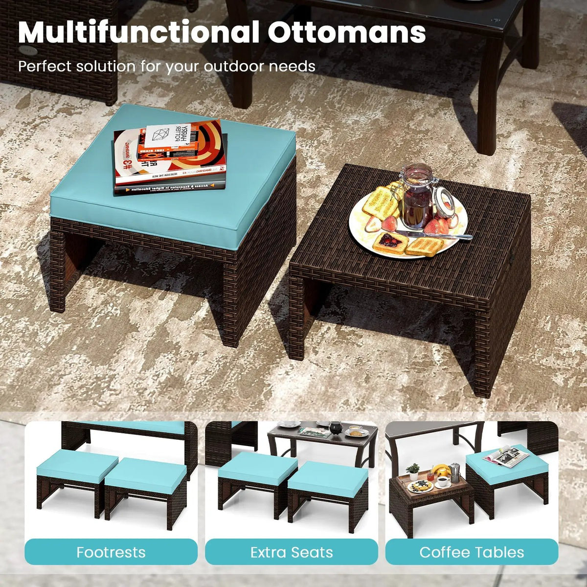 Multipurpose Outdoor 2 Pieces Patio PE Rattan Ottomans Footstool, photo 17 of 32