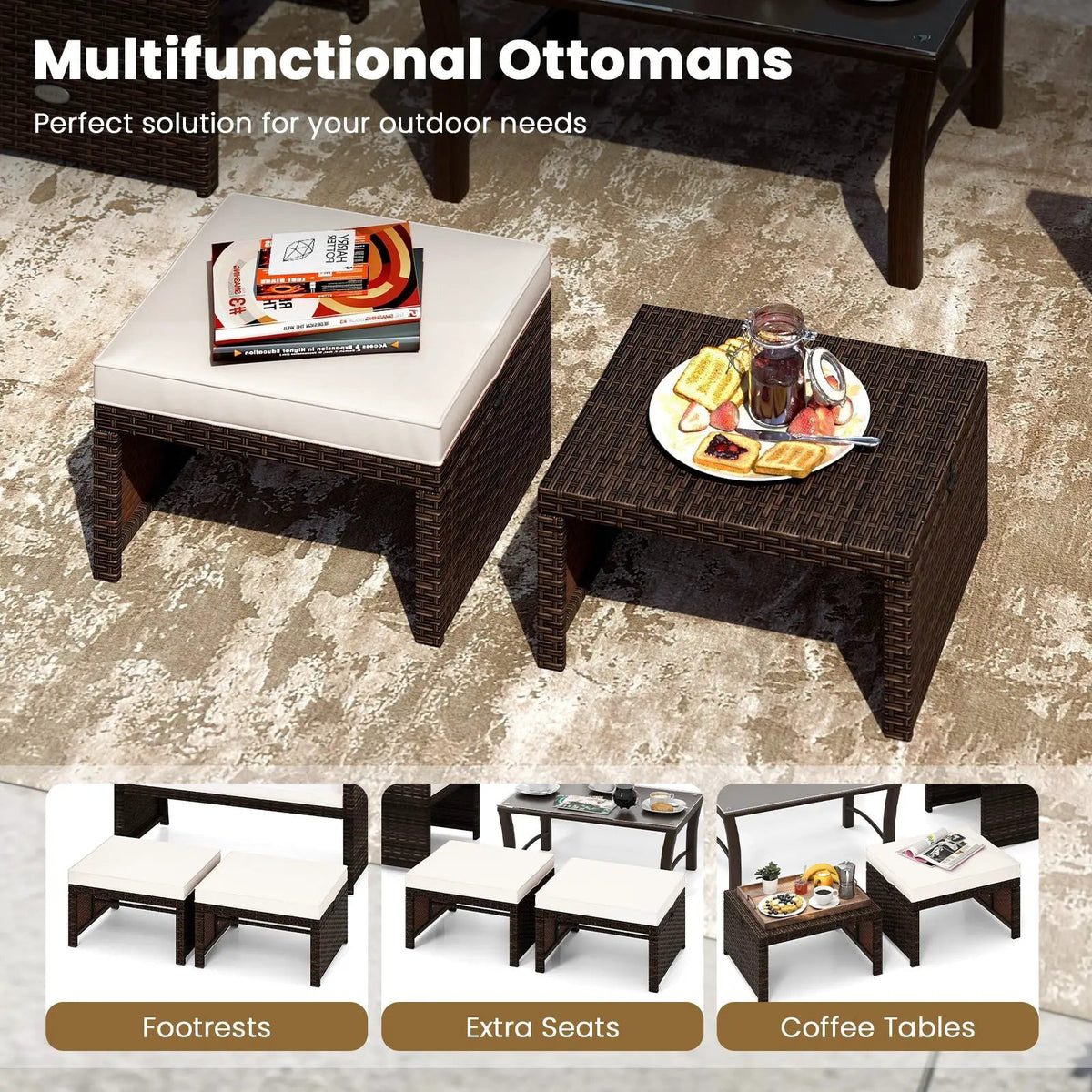 Multipurpose Outdoor 2 Pieces Patio PE Rattan Ottomans Footstool, photo 18 of 32