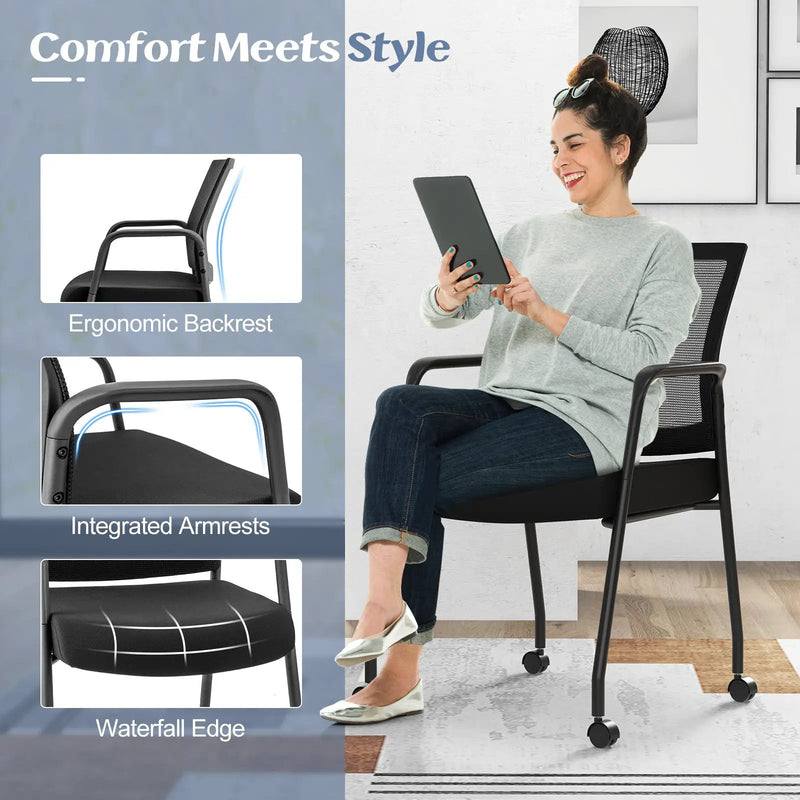 2 Pieces Office Guest Chairs on Wheels with Metal Frame and Armrests-Black by DirectDeals