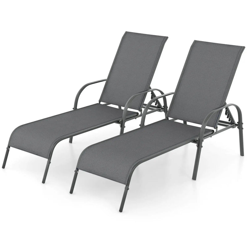 2 Pcs Outdoor Patio Lounge Chair Chaise Fabric with Adjustable Reclining Armrest-Brown by DirectDeals